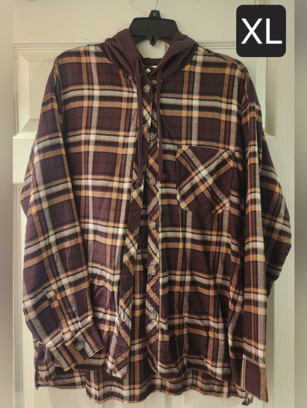 Maurices Plaid Hooded Button-Up Shirt Jacket - Burgundy, Cream & Tan